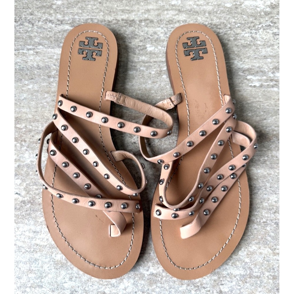 Tory Burch Patos Studded Tan Calf Leather Thong Sandals Sz 8 $280+ Retail Rare!